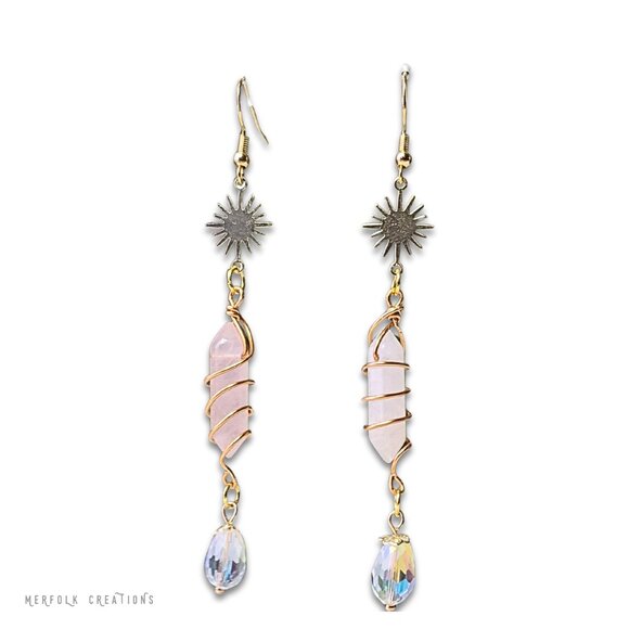 Wire Wrapped Rose Quartz Celestial Earrings - Picture 2 of 2